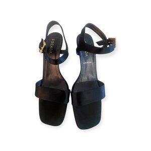 Escada Black Satin Ankle-Strap Sandals with Gold Buckles